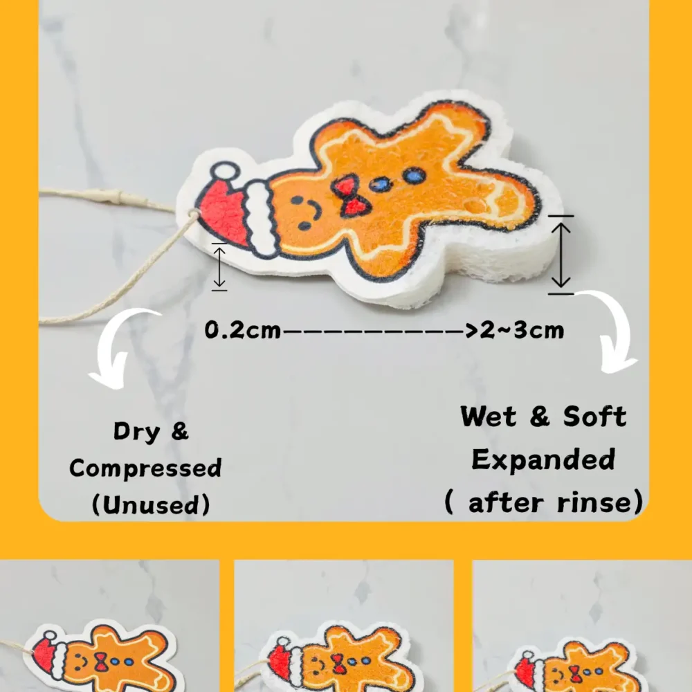 Gingerbread man cellulose sponge showing compressed and expanded sizes after rinsing, with hanging loop included.