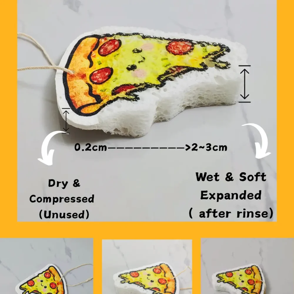 Pizza-shaped cellulose sponge showing compressed and expanded stages after rinsing, with hanging loop included.