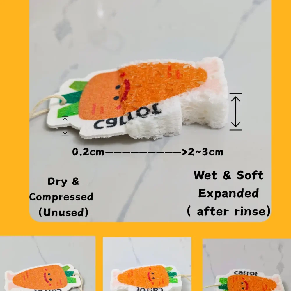 Carrot-shaped cellulose sponge showing compressed and expanded sizes after rinsing, with hanging loop included.