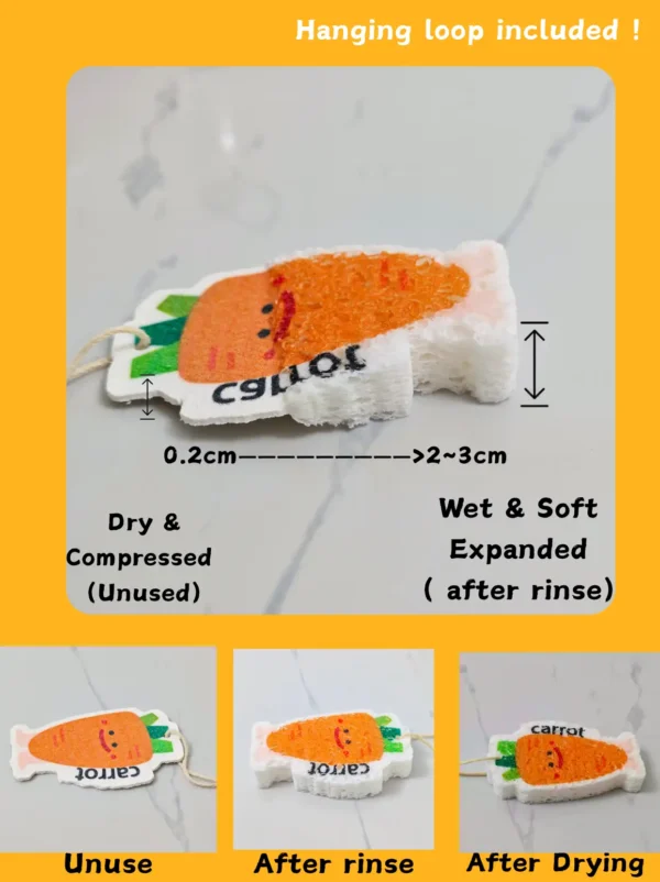 Carrot-shaped cellulose sponge showing compressed and expanded sizes after rinsing, with hanging loop included.