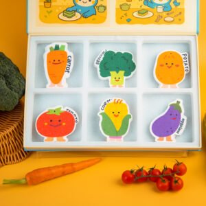 Vegetable Friends Biodegradable Sponge Set | Doyourclean Different angle of Doyourclean Vegetable Friends cellulose sponge box surrounded by vegetables.