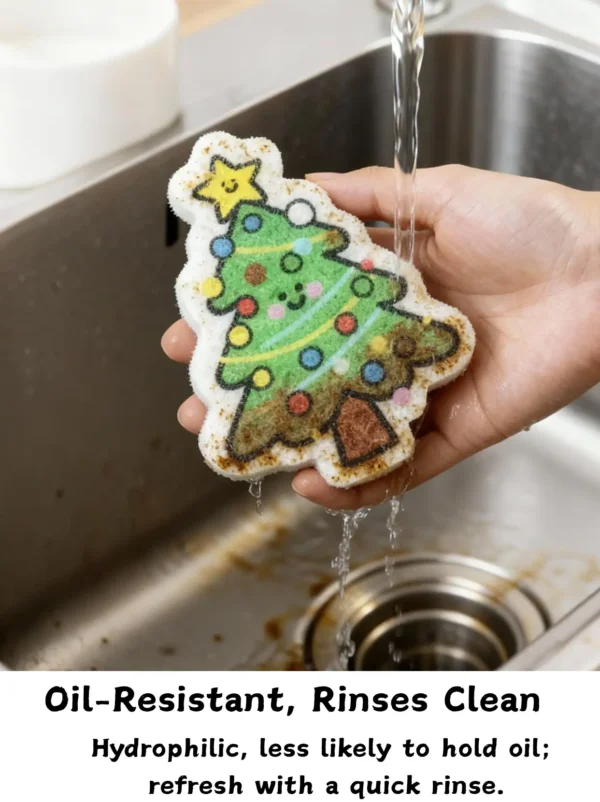 Christmas tree cellulose sponge under running water in a kitchen sink, rinsing away oil.