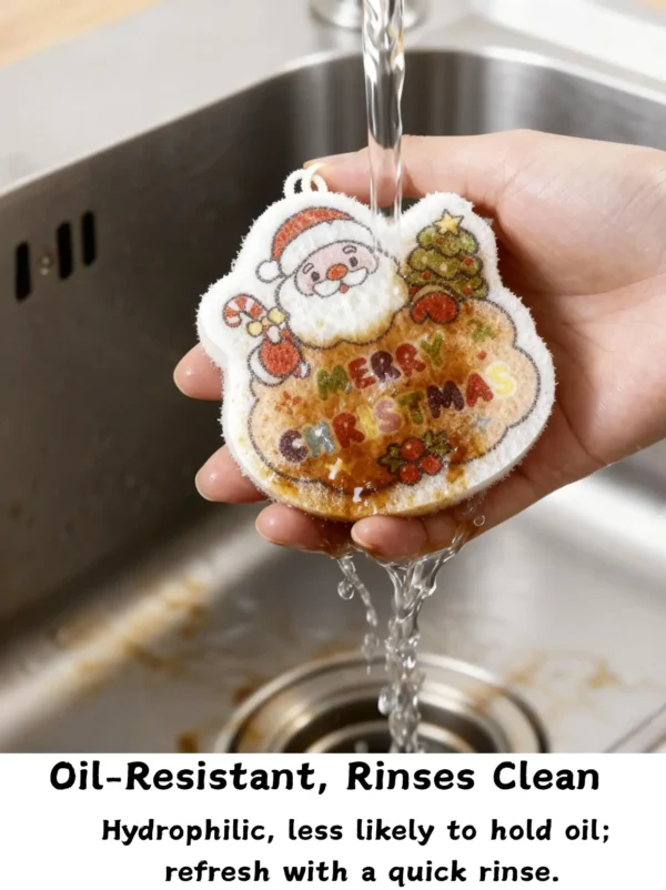 Santa Claus cellulose sponge under running water in a kitchen sink, rinsing away oil and food residue.