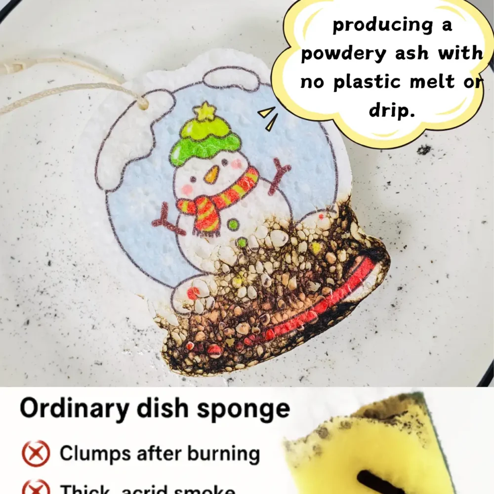 Santa Claus cellulose sponge burning to clean powdery ash with no plastic melt, next to an ordinary synthetic sponge comparison.