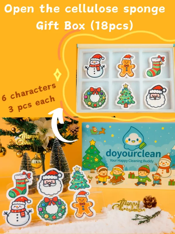 DoYourClean Christmas Friends 18-piece cellulose sponge gift box with six cute holiday characters on an orange background.