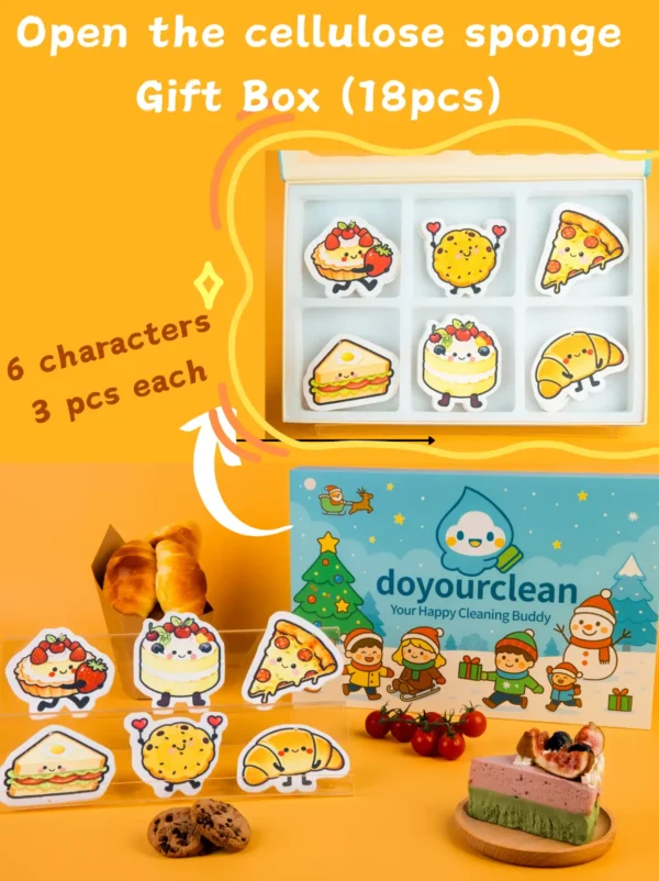 DoYourClean Bakery Friends 18-piece gift box with 6 cute sponge characters displayed on orange background.