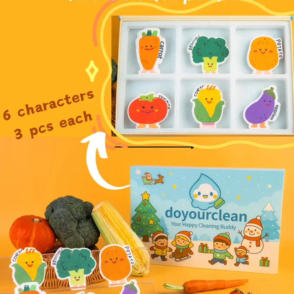 DoYourClean Vegetable Friends 18-piece cellulose sponge gift box with six cute vegetable characters on an orange background.