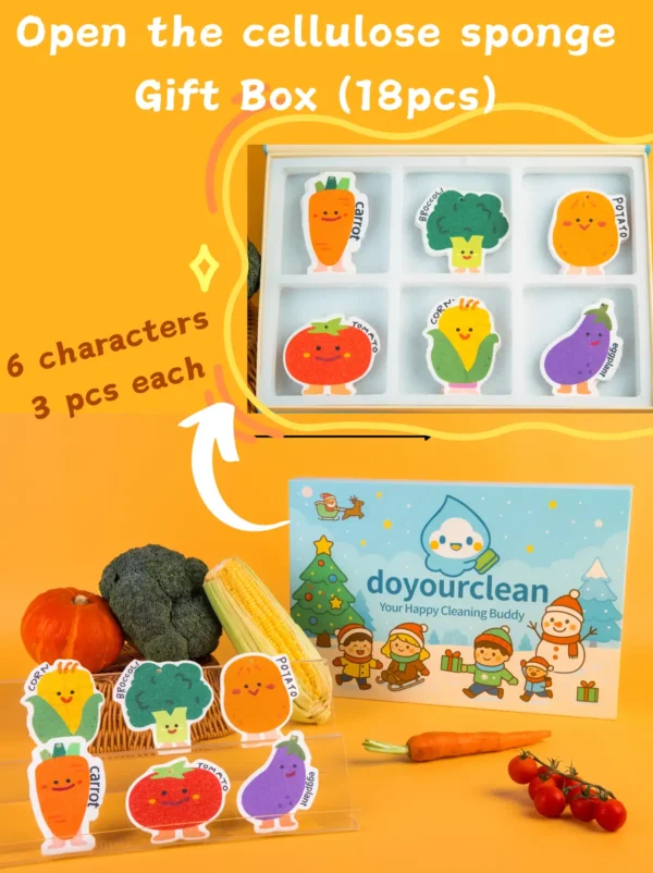 DoYourClean Vegetable Friends 18-piece cellulose sponge gift box with six cute vegetable characters on an orange background.