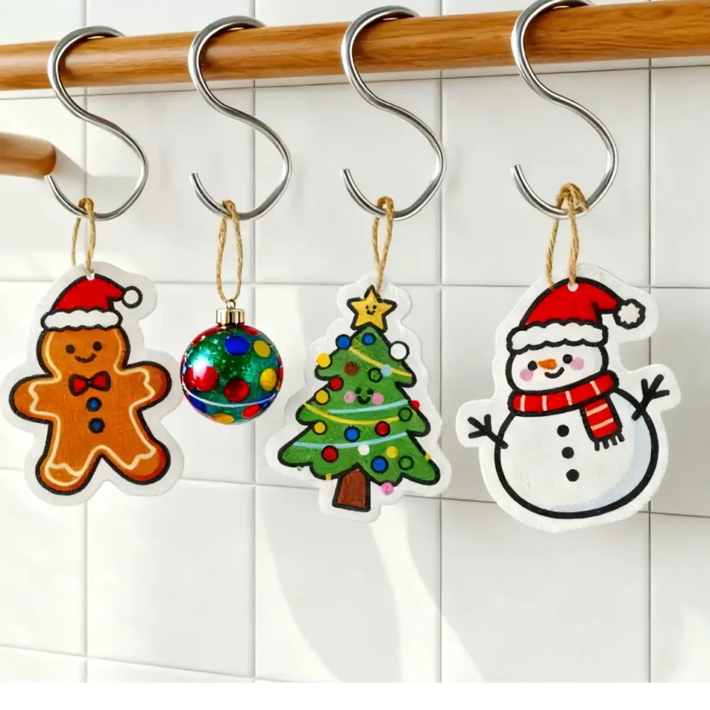 Gingerbread man, Christmas tree and snowman cellulose sponges hanging from white hooks by their cords to dry.