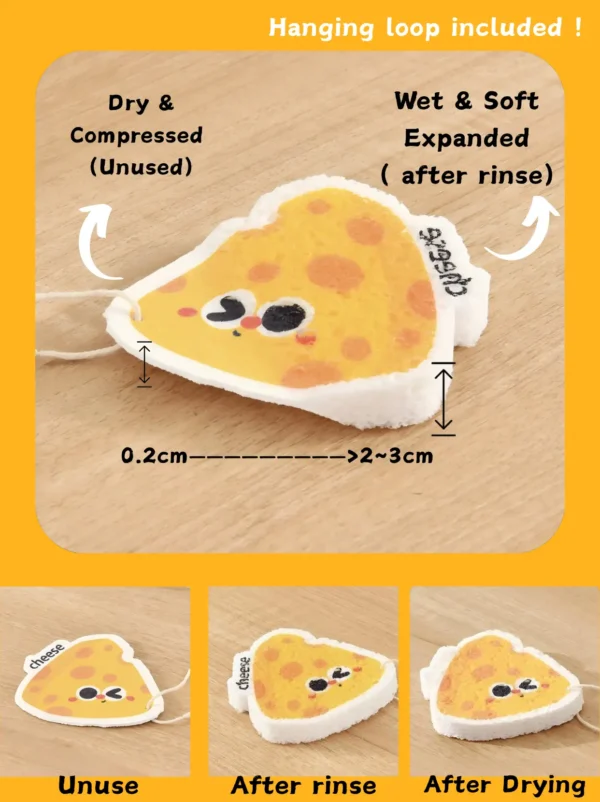 Food-shaped cellulose sponge showing dry compressed and expanded after rinse with hanging loop