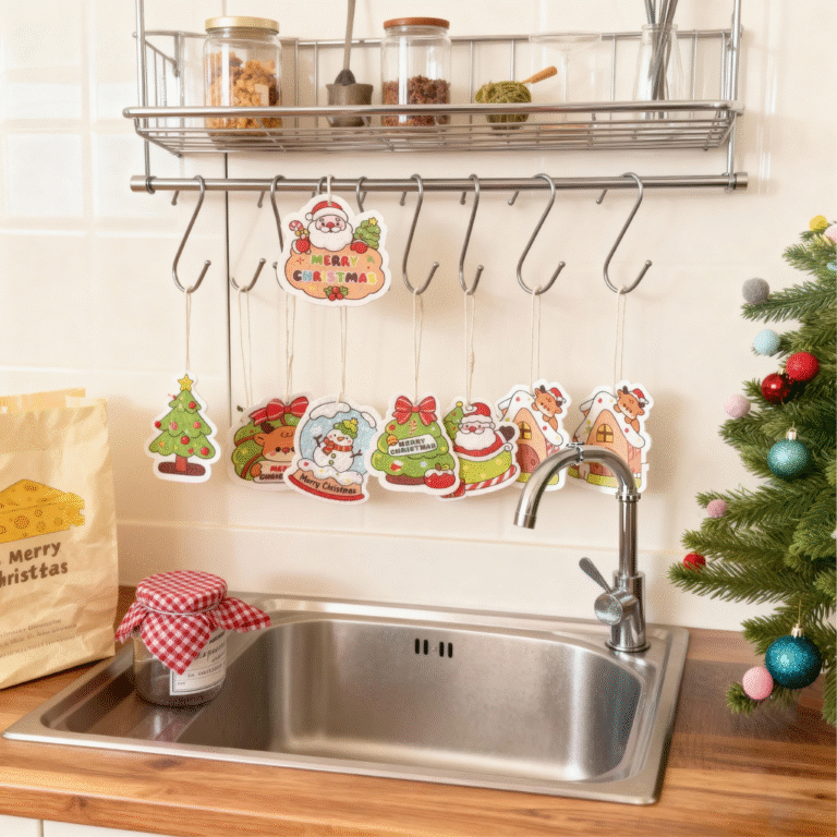 Several Doyourclean cellulose sponges hanging above a sink, creating foam and ready to clean dishes.