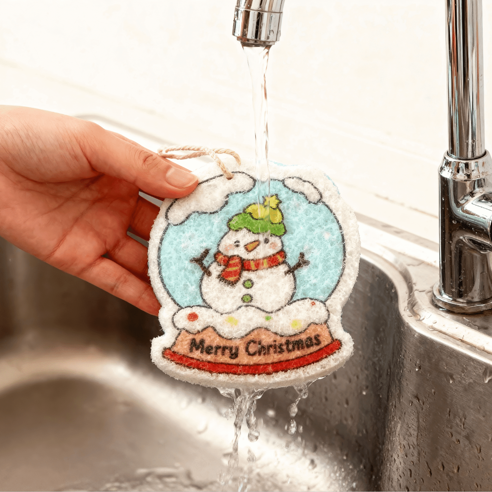 A hand holding Doyourclean Santa sponge under running water to absorb moisture before use.