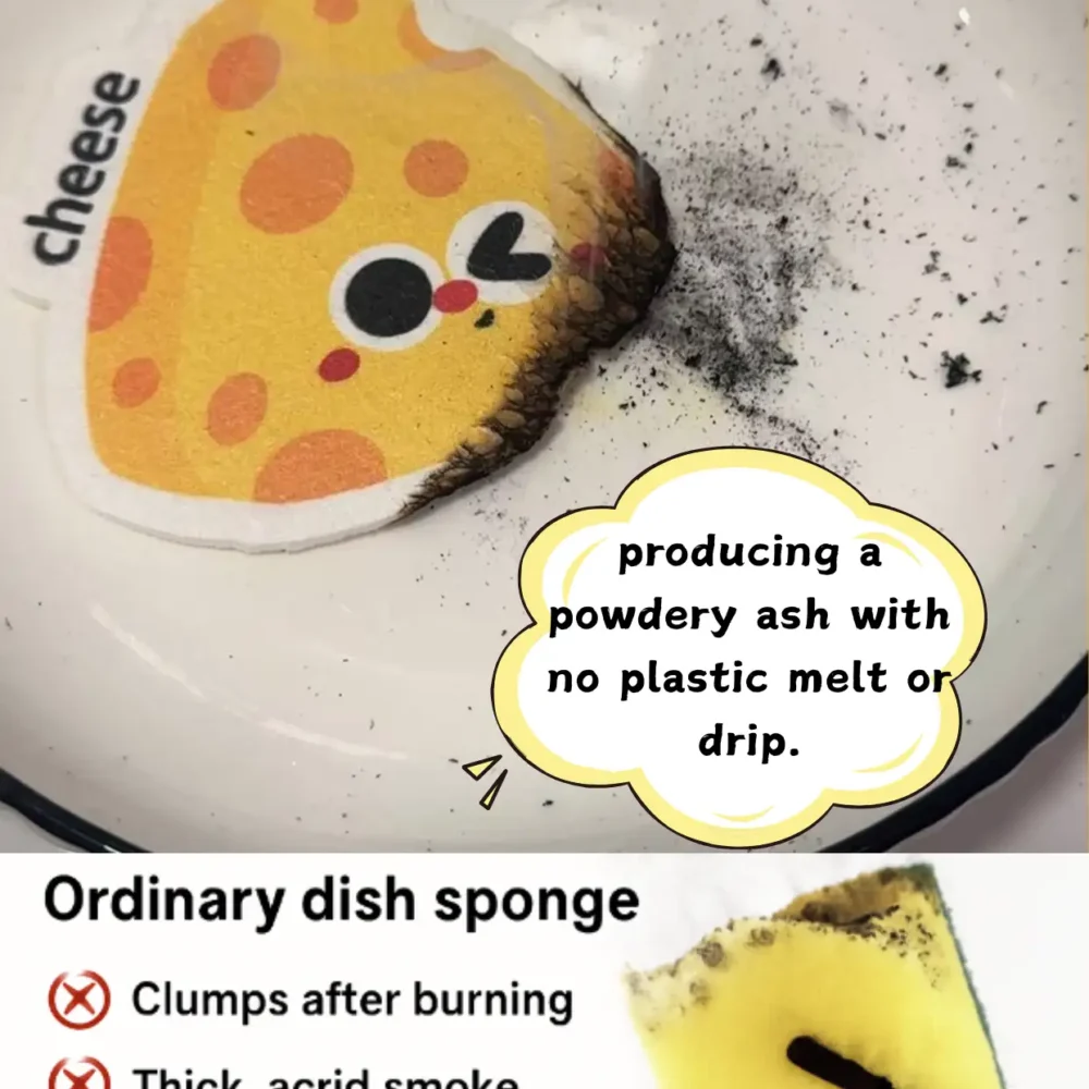 Burn test comparing biodegradable cellulose sponge to ordinary plastic dish sponge