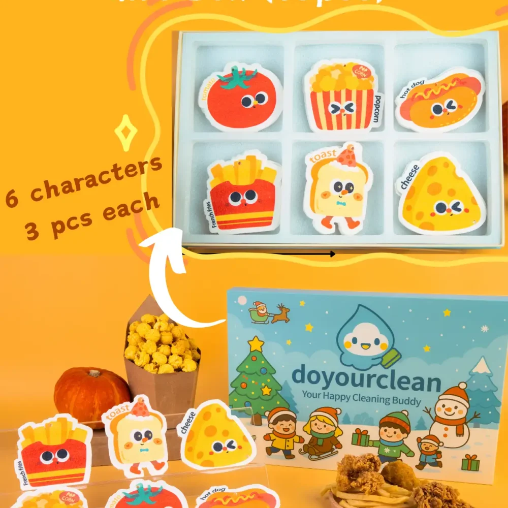 Tasty Friends cellulose sponge gift box with six cute food characters and 18 pieces