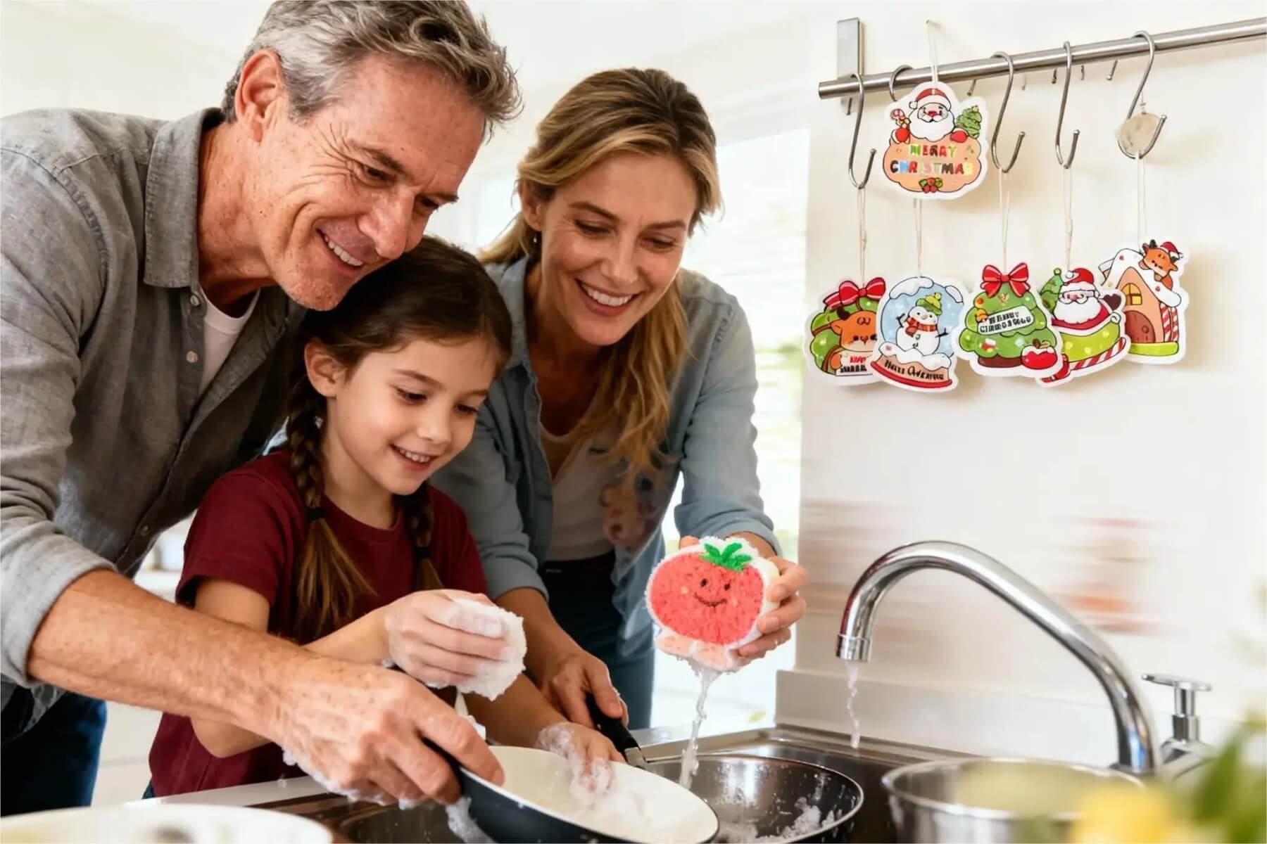 Smiling family washing dishes together with cute Christmas cellulose sponges