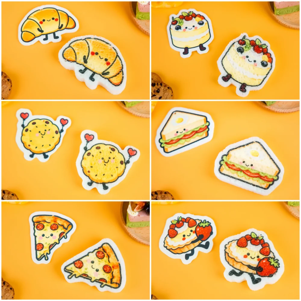 Bakery-themed cellulose sponges – croissant, cake, cookie, sandwich and pizza – on yellow background, DoYourClean Bakery Friends