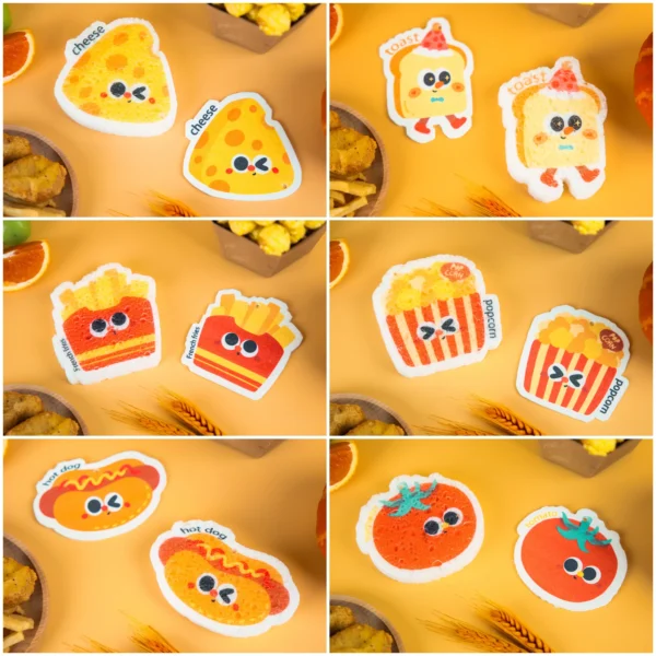 Snack-themed cellulose sponges – cheese, toast, fries, popcorn, hot dog and tomato – DoYourClean Tasty Friends set