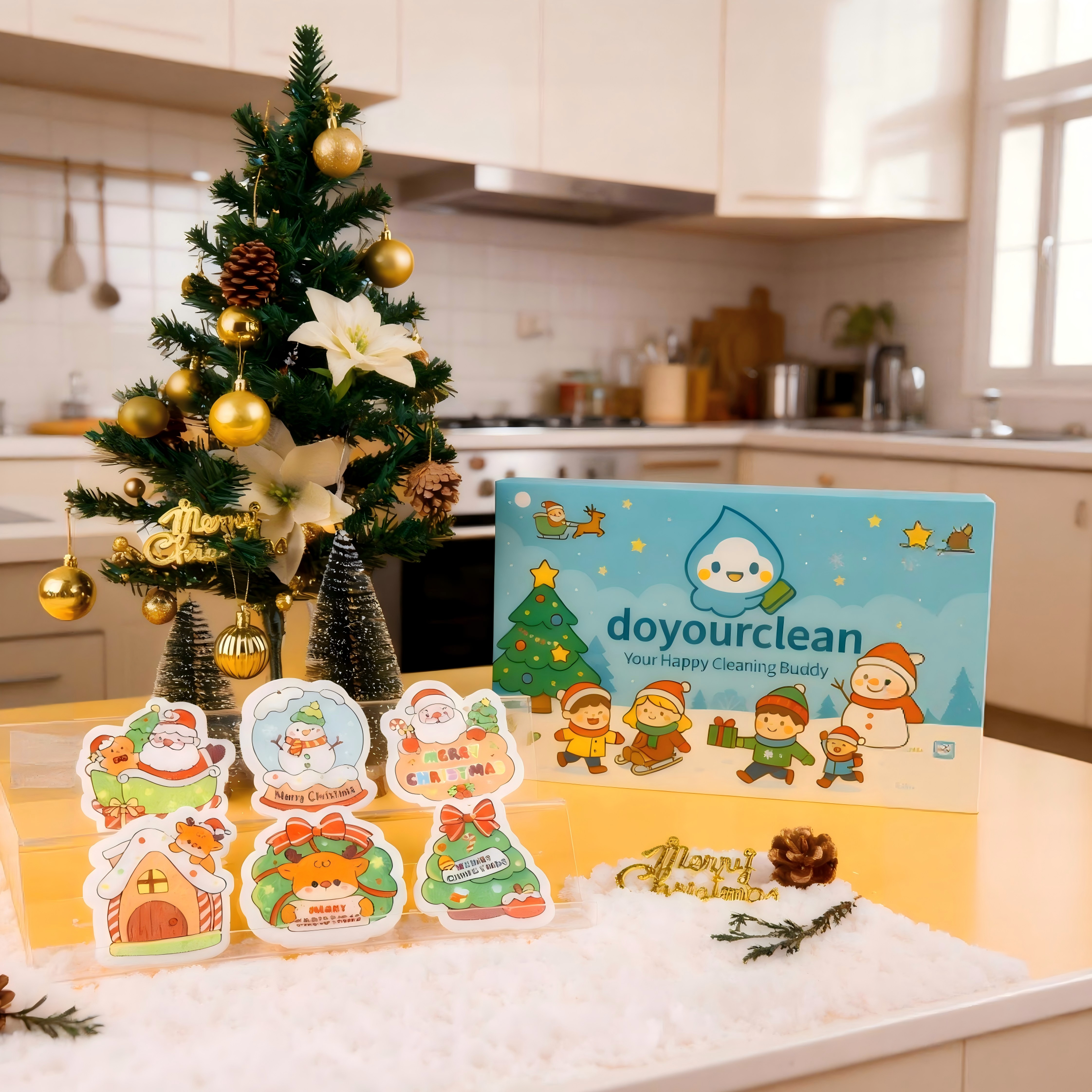 Santa Friends cellulose sponge characters on a Christmas baking counter