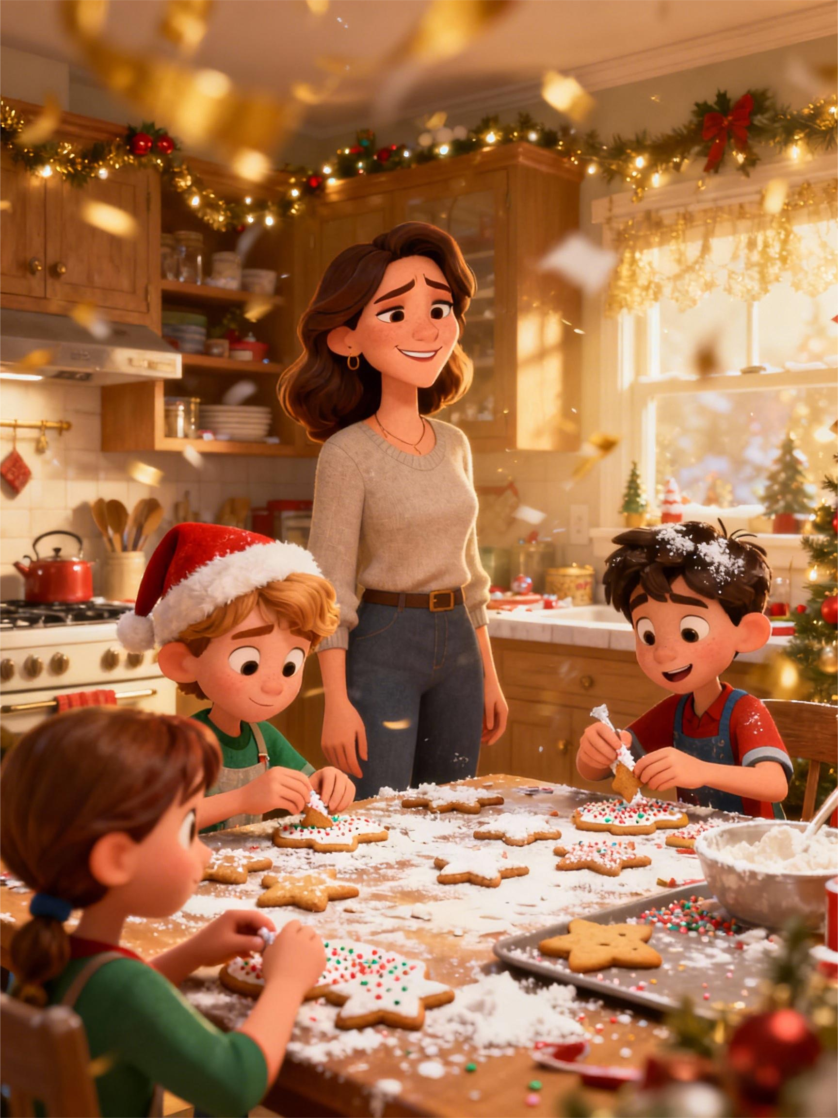 Busy mom in December baking with kids in a cozy Christmas kitchen