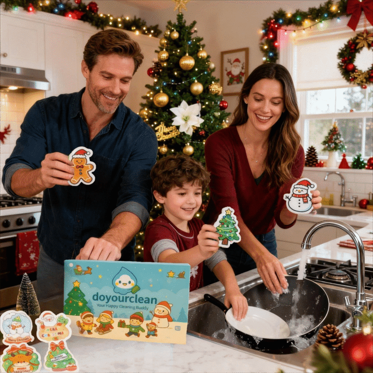 Happy family washing dishes together using DoYourClean Christmas cellulose sponges, holiday kitchen with Christmas tree decor.