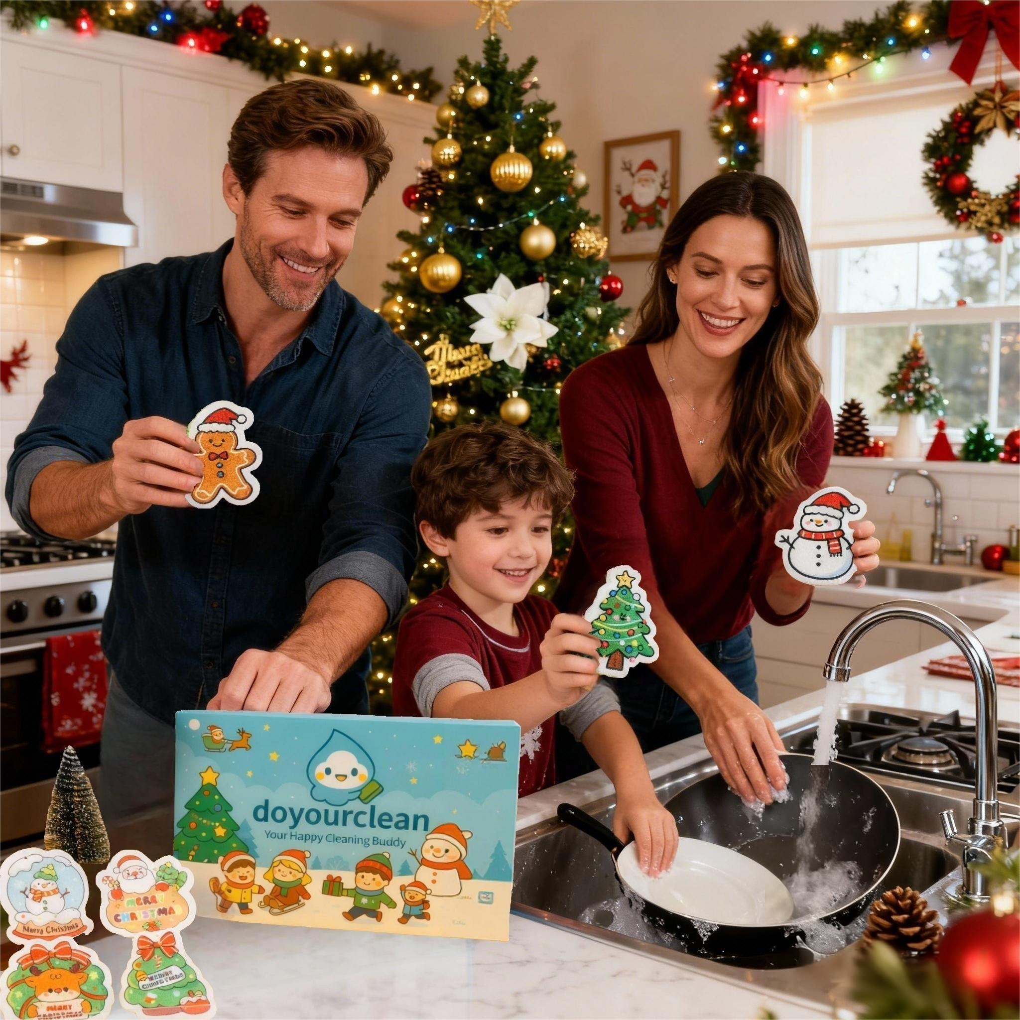 Family washing dishes together with DoYourClean Christmas sponge gift box on the counter in a cozy holiday kitchen