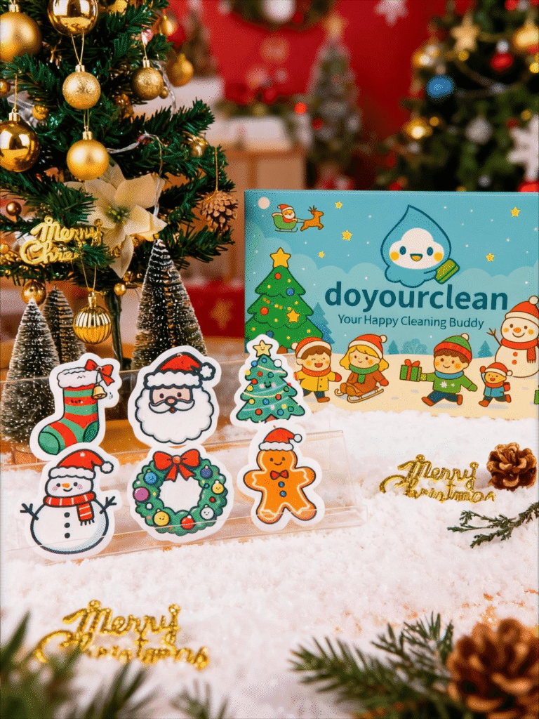 Christmas Friends cellulose sponge gift box displayed with Santa, snowman, gingerbread, wreath, stocking, and Christmas tree character sponges in a festive holiday setup.