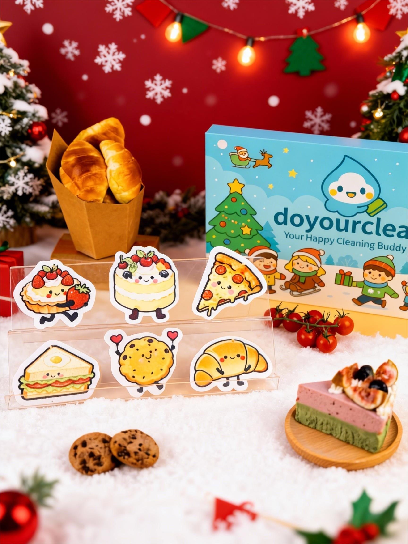 Warm evening Christmas kitchen with soft fairy lights, a stainless steel sink, and a tiny Santa-shaped sponge sitting in foamy water on the edge of the sink